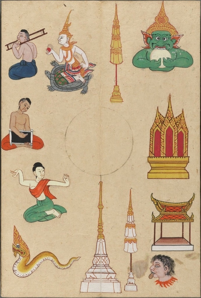 variety of individual sketches of temples & stupa & people & mythological figures #asian