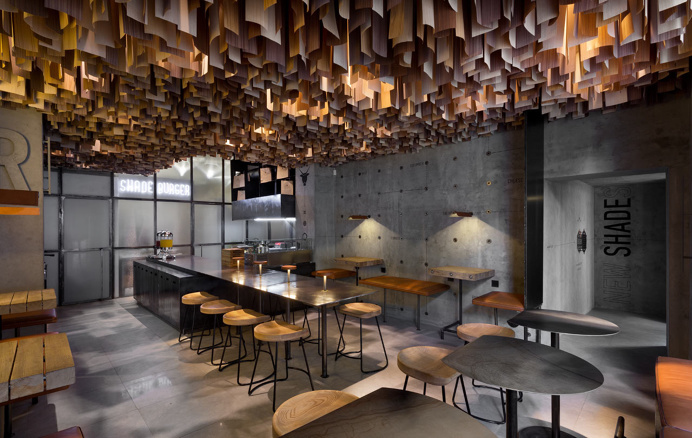 Shade Burger YOD studio interior design mindsparkle mag concrete wall ceiling hanging wood industrial modern typography sign type design