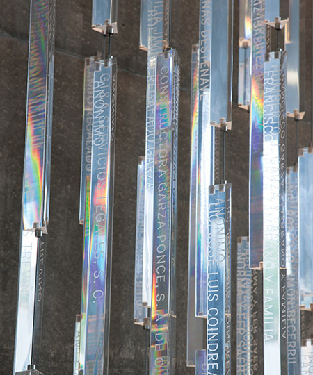 Names of donors are engraved on prism like Plexiglas rods that change with the light. #engraved #rods #names #donors #change #plexiglas #light #prism