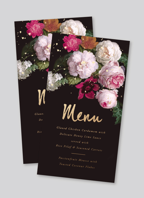 moody classic floral gold foil menu #moody #flora #classic #invitations #gold #foil #modern #brushy #typography #fuchsia #blush #menu