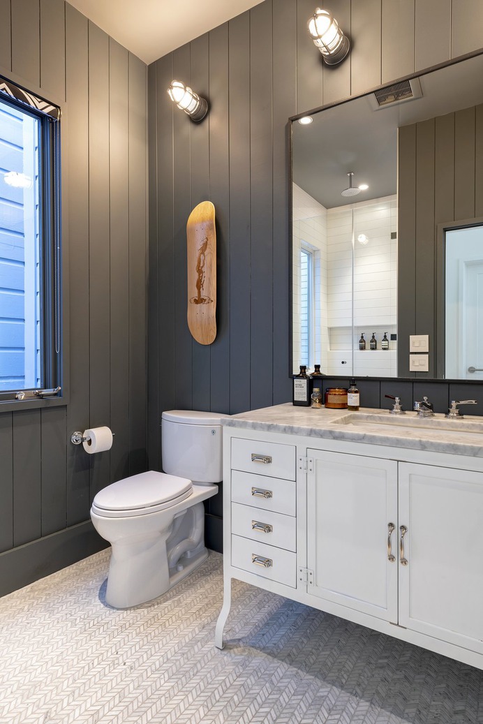 Bath Room, Drop In Sink, Marble Counter, Ceramic Tile Floor, and Wall Lighting Guest Bath Photo 13 of 2581 in Best Bath Photos from Precita Park Residence