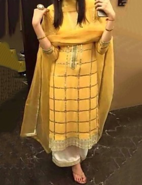 Satin Crepe Lace Work Yellow Semi Stitched Straight Suit - AI24 - punjabi suits