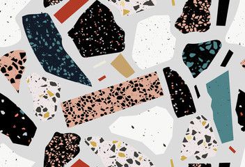 Terrazzo seamless pattern. Modern collage. Black and white. Marble.