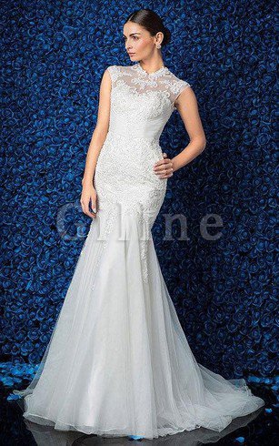 Abito da Sposa Sensuale in Pizzo con Applique con Manica Corte Conservatore