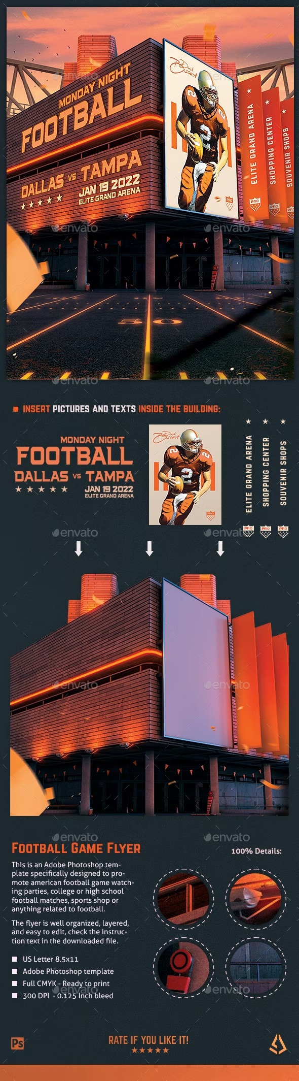 DOWNLOAD:
https://graphicriver.net/item/american-football-flyer-match-template/34006656

This is an american football flyer template specifically designed to promote football game watching parties, american football games and matches, NFL watching parties and sports bars and clubs, super bowl parties, college football games and anything related to the sport of american football.