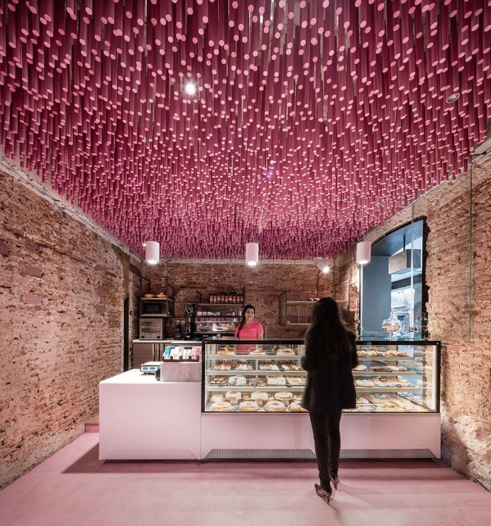 12,000 Pink Wooden Sticks Hanging from the Ceiling