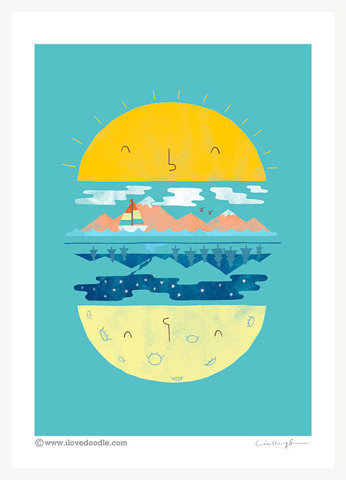 Burger of the day Art print by ilovedoodle on Etsy #flat #sun #mountain #burger #sky #fresh #blue #light #moon