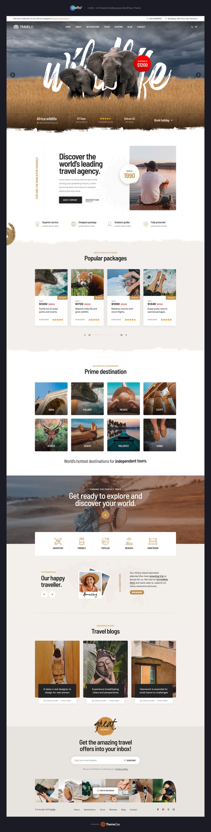 Adventure meets aesthetics in the #Travel Agency demo of #Crafto #WordPress #theme – designed for explorers, #tour operators, and wanderlust-driven brands. With immersive imagery, elegant layouts, and dynamic #booking sections, this demo invites users to discover the world one scroll at a time. Highlight #destinations, share travel guides, and convert visitors into travelers effortlessly. It's more than a website — it's a journey.