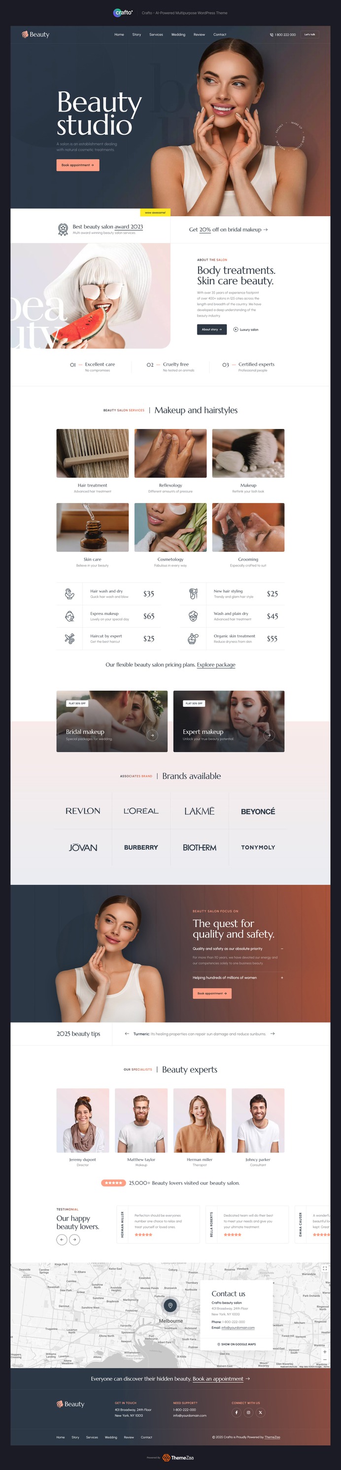Glow up your online presence with the #Beauty #Salon demo of #Crafto — a soft, elegant, and modern layout crafted for salons, #spas, and beauty professionals. Featuring graceful animations, soothing color palettes, and service-focused sections, it's perfect for showcasing treatments, pricing, and client testimonials. Built with #Elementor for easy customization, this demo radiates style and professionalism. Your beauty brand deserves a website that shines.
