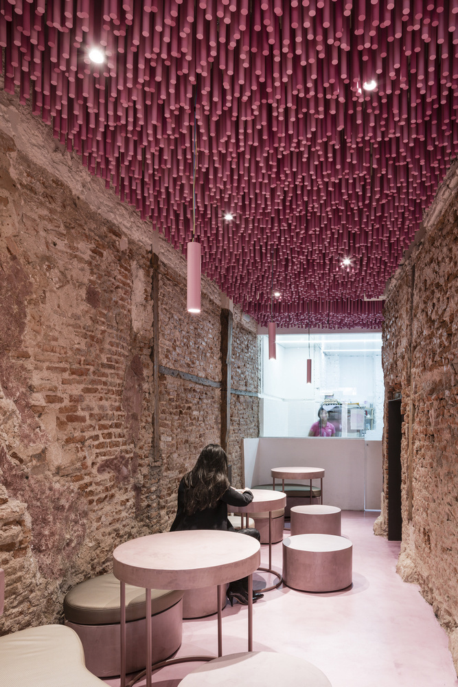 12,000 Pink Wooden Sticks Hanging from the Ceiling