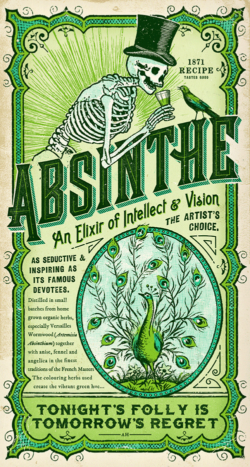 absinthe, label, skeleton, skull, bird, blackbird, green, elixir