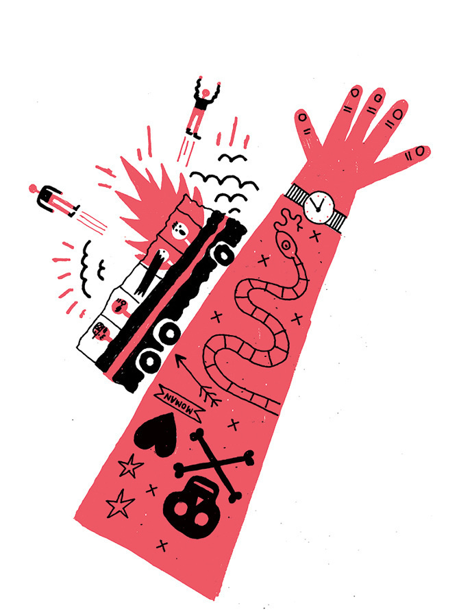 Benoit Tardif / theatre de la licorne / colagene.com #illustration #hand #arm #watch #accident #death #snake #naive #pen