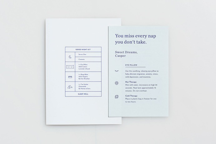 Casper Good night kit - Mindsparkle Mag Casper is an e-commerce start-up that offers an "obsessively engineered mattress" at a very low price. #logo #packaging #identity #branding #design #color #photography #graphic #design #gallery #blog #project #mindsparkle #mag #beautiful #portfolio #designer