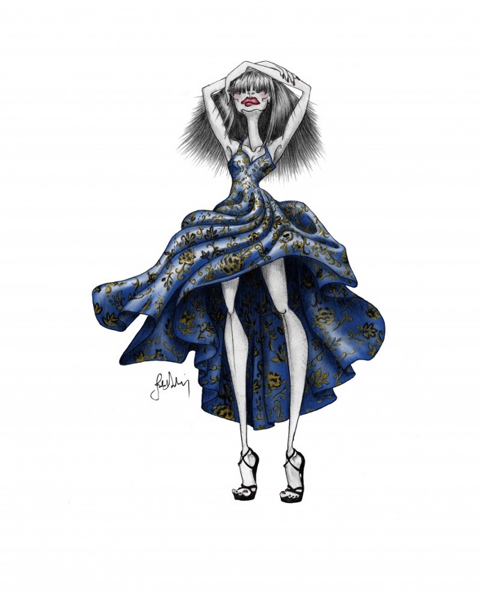#fashionillustration #illustration #model #girl #woman #blue #dress #colors #sketch #graphite #high #heels #flowers #hair #painting #isabela