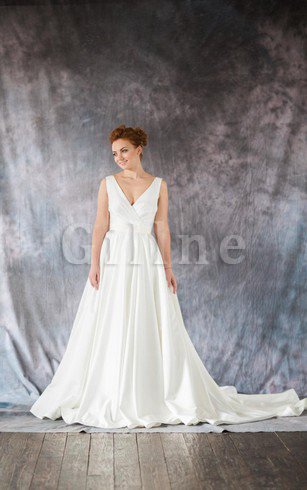 Abito da Sposa con Piega in Raso Senza Maniche Cerniera Coda A Strascico Cappella