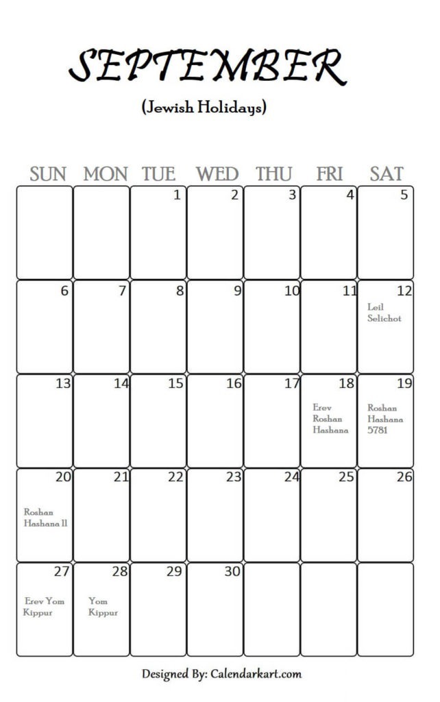 Jewish Calendar September 2020 Portrait Layout