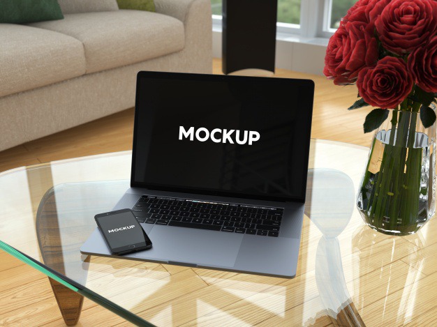 Laptop and mobile phone on glass table mock up design Free Psd. See more inspiration related to Mockup, Design, Template, Phone, Table, Mobile, Laptop, Web, Website, Mock up, Glass, Templates, Website template, Mockups, Up, Web template, Realistic, Real, Web templates, Mock ups, Mock and Ups on Freepik.