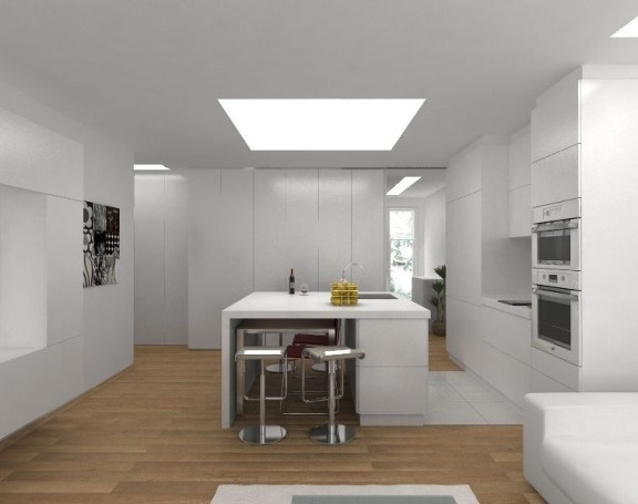 Abstract paintings in kitchen area with white interior #abstract paintings #minimalist design #white interior #kitchen island #modern home