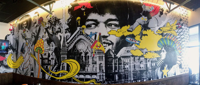 Mellow Mushroom large mural #mushroom #paste #mural #rose #jimi #pete #art #mellow #cincinnati #hendrix #wheat