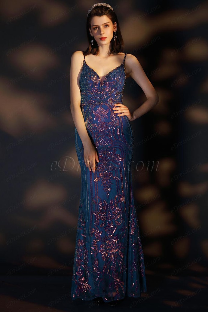 eDressit Blue Spaghetti V-Cut Gorgeous Beaded Party Prom Gown (02204505)