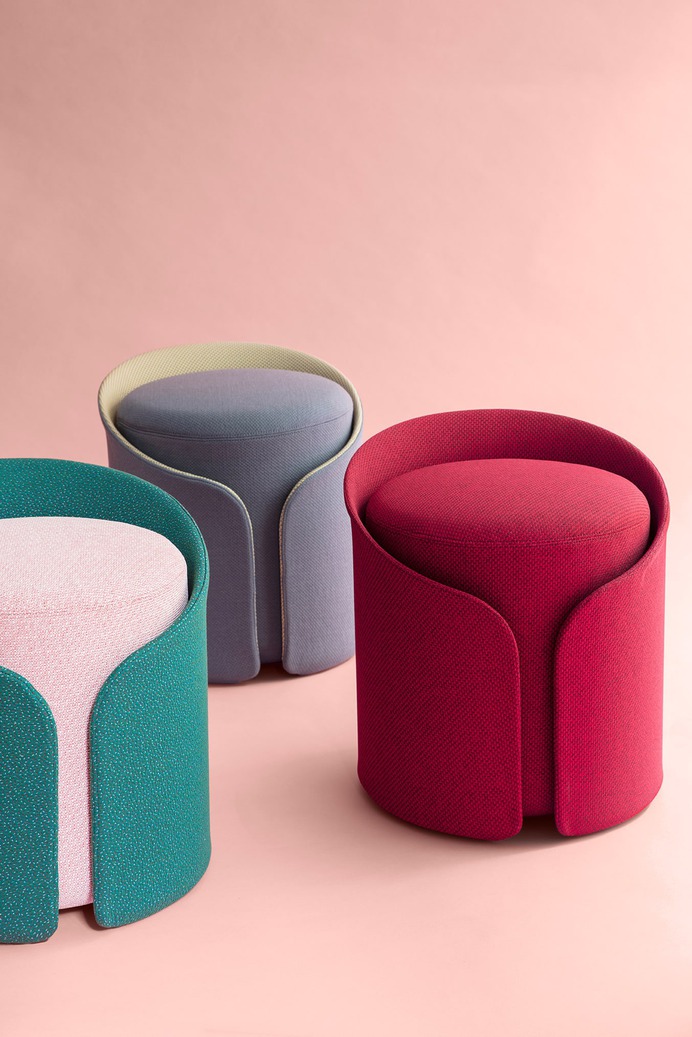 Cardigan furniture - Mindsparkle Mag Désormeaux/Carrette studio designed Cardigan furniture project. Borrowing codes from the world of fashion, Cardigan's designers dress a traditional geometric shape of a pouffe with a protective coat. #furniture #interior #design #color #photography #graphic #design #gallery #blog #project #mindsparkle #mag #beautiful #portfolio #designer