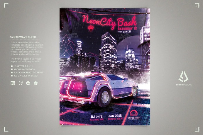 Synthwave Flyer v1 - Neon City Retro Template
