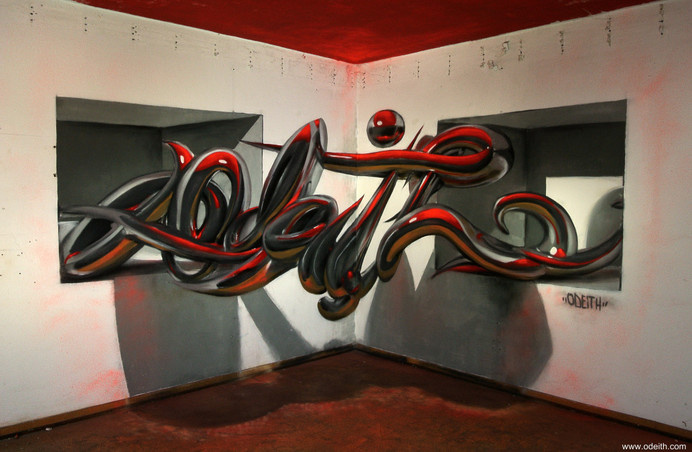 Odeith anamorphic chrome tubes lettering standing 2 holes top red light #graffiti #anamorphic #odeith