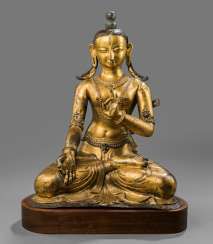 Fire-gilded repoussé technology-figure of Sitatara on a wooden stand