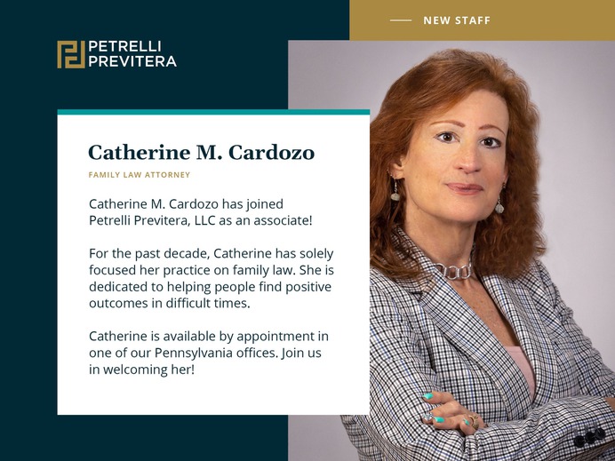 Meet Catherine M. Cardozo, a trusted attorney with more than a decade of experience in divorce and family law. Previously a social worker, her unique background makes her an especially compassionate advocate for her clients. Catherine advises and represents individuals throughout Eastern Pennsylvania. You can schedule a virtual appointment with her today.

Petrelli Previtera, LLC
Office location (610) 890-4833
1147 Easton Road
Abington, PA 19001