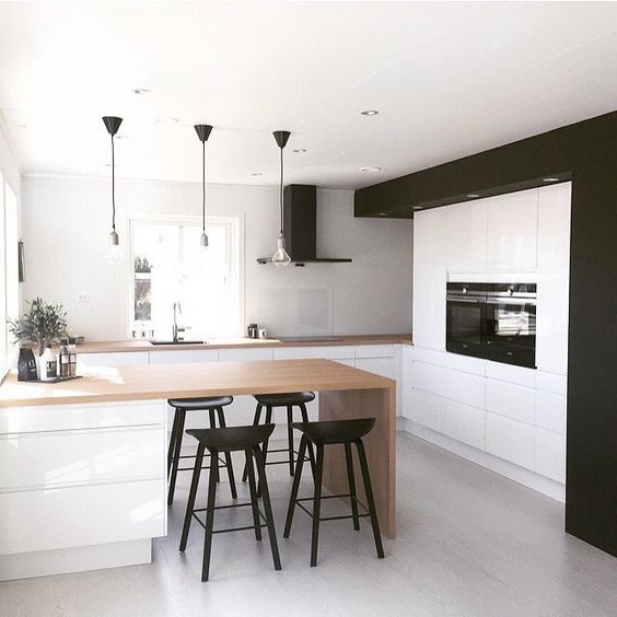 A White Kitchen Island With Wooden Countertop Ad Additional Wooden Dining Area With Some Black Chairs-Kitchen-Some Inspiring Ideas of Modern Kitchen Designs for You
