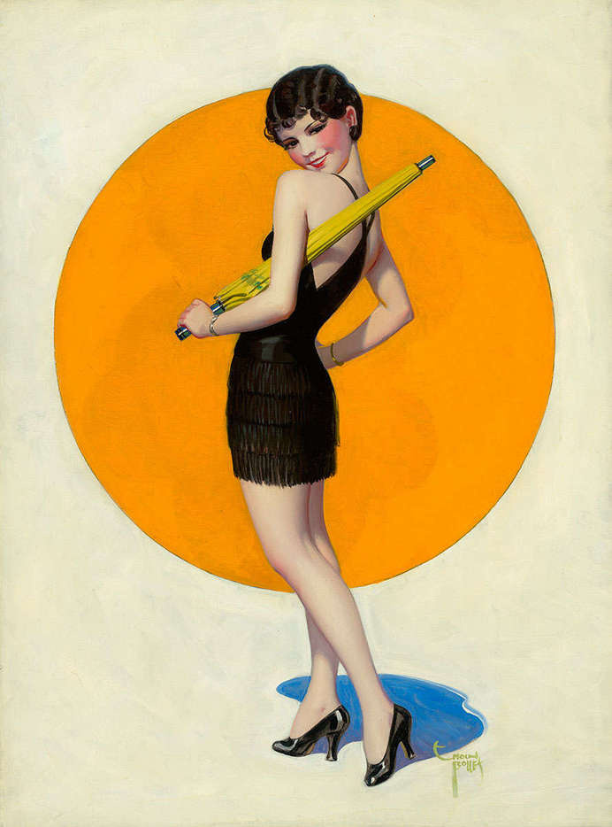 Pin-up Art - The Lucas Museum of Narrative Art :: Coy Woman in Black Holding Parasol (c.1928) Enoch Bolles #woman #museum #design #parasol #pin #illustration #up #vintage #art #sex