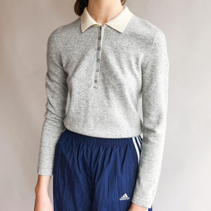 Vintage grey softest 100% cashmere knit polo sweater with cream collar