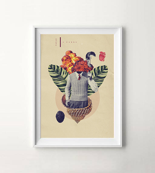 Fuego y Caballo. Collage composition mixing subtle and vibrant vintage illustrations.