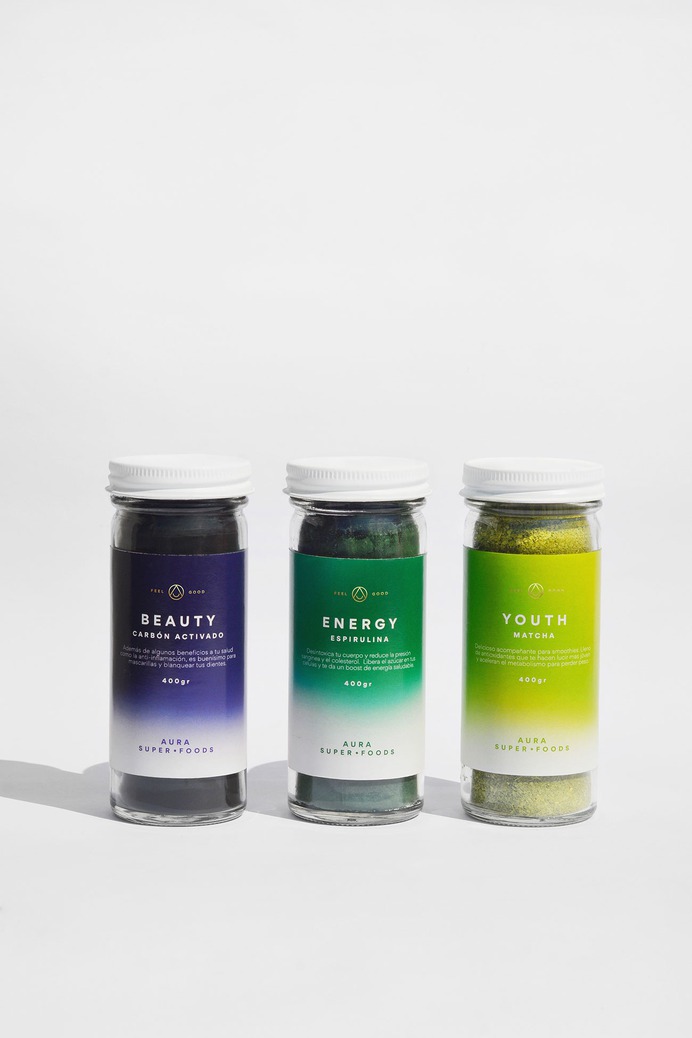 AURA Superfoods Packaging - Mindsparkle Mag Panel Studio designed Aura, a superfood brand inspired by the power of color and emotion. #logo #packaging #identity #branding #design #color #photography #graphic #design #gallery #blog #project #mindsparkle #mag #beautiful #portfolio #designer