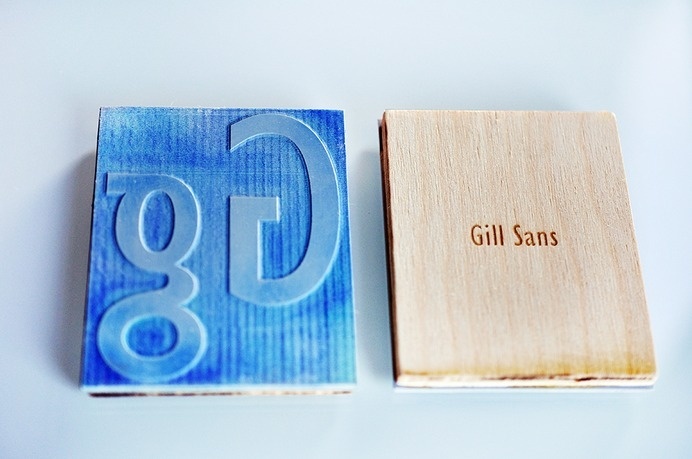 Gill Sans Type Specimen by Niermala B. Timmers www.niermalatimmers.com #print #engraving #press #wood #stichting #booklet #paper #font #ink #rubber #design #book #laser #cutting #lasercut #bleu #type #stamp #specimen #letterpress #orange #engravement #typography #gill #timmers #carving #sans #graphic #niermala #bookbinding