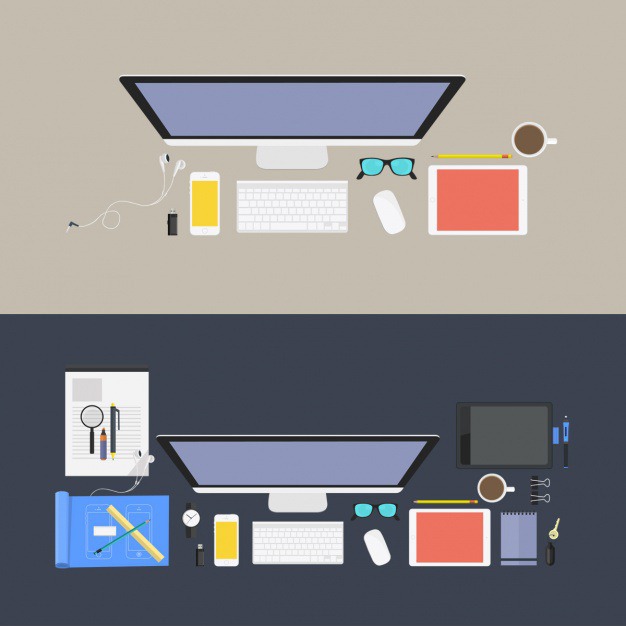 Coloured workplaces design Free Psd. See more inspiration related to Design, Computer, Office, Color, Flat, Desk, Tablet, Flat design, Workplace, Colour, Workspace, Office desk, Colored, Coloured and Workplaces on Freepik.