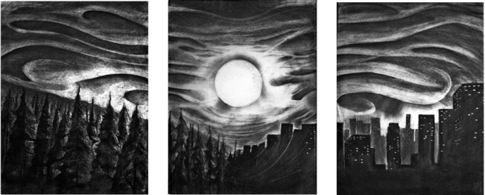 Illustration by Zach Johnson at Coroflot.com #clouds #white #city #black #illustration #spooky #and #three #dark #moon
