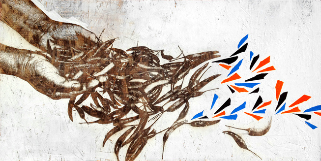 Separate / Equal by Eyeone, 2014 | 48" x 24" | Mixed media on wood #eyeone #art #hands #mixed #media