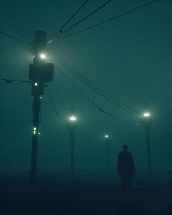lights, green, dark ,man
