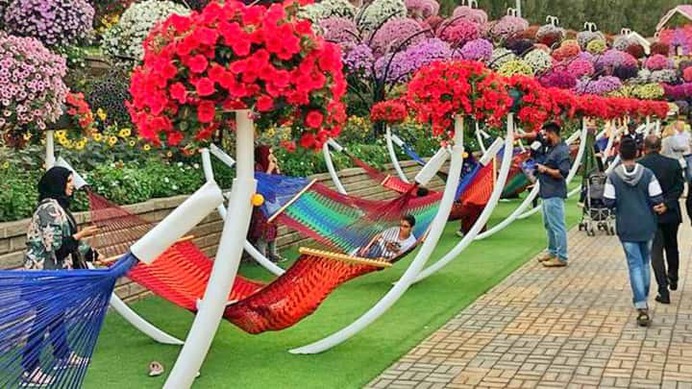 Hammocks are very popular among the visitors of the Dubai Miracle Garden. People love to rest within these hammocks.