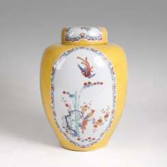 Large lidded vase with 'Shiba Onko pattern and yellow rear #porcelain