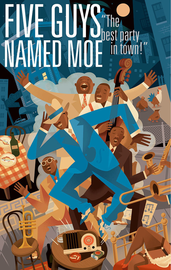 Five Guys Named Moe #flat #band #jazz #geometric #rogers #illustration #five #guys #moe #music #named #paul