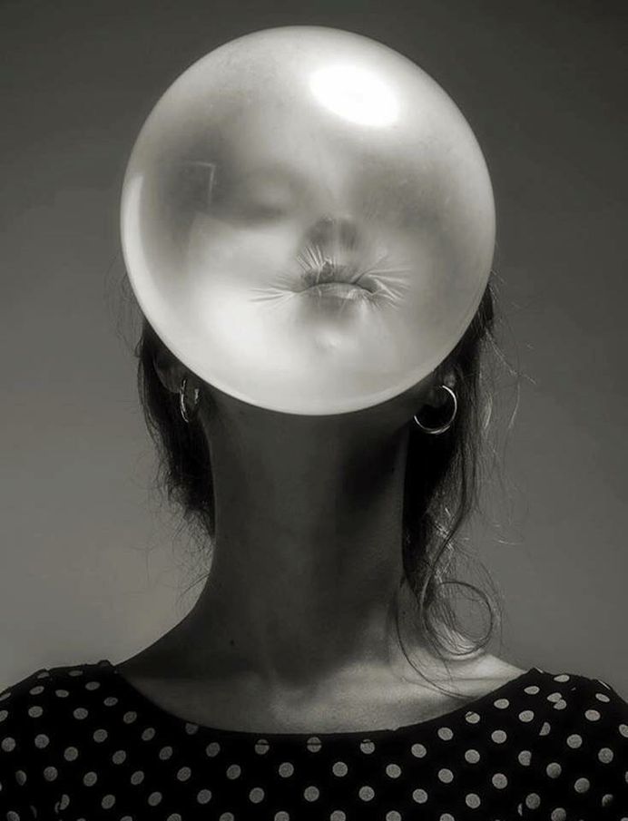 photography, black and white, bubble, gum