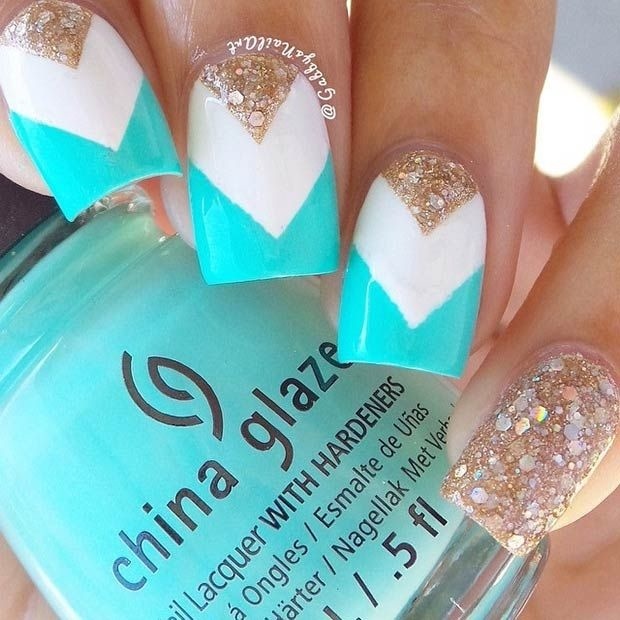 Skyblue white and rhinestones Chevron nail art