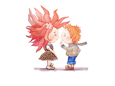 Girl and boy in anticipation of a kiss. A guy in a sweater, jeans. Girl in polka-dot dress. Watercolor painting on white background for gree #illustration