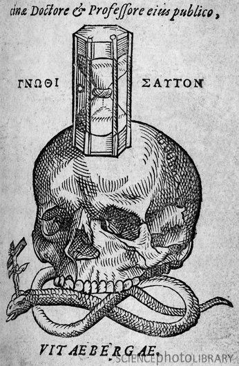 C0088813-Woodcut_of_skull,_snake_and_hourglass-SPL.jpg (JPEG Image, 346 × 530 pixels) #book #snake #illustration #etching #science