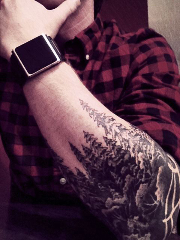 Full arm sleeve tattoo with scary tree tattoo idea | TattoosAI