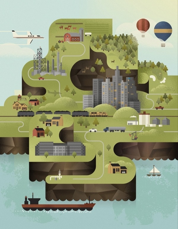 Luke Bott Island Illustration #water #luke #land #island #illustration #building #cars #boat #bott