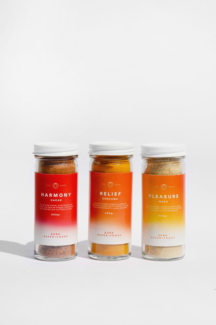 AURA Superfoods Packaging - Mindsparkle Mag Panel Studio designed Aura, a superfood brand inspired by the power of color and emotion. #logo #packaging #identity #branding #design #color #photography #graphic #design #gallery #blog #project #mindsparkle #mag #beautiful #portfolio #designer