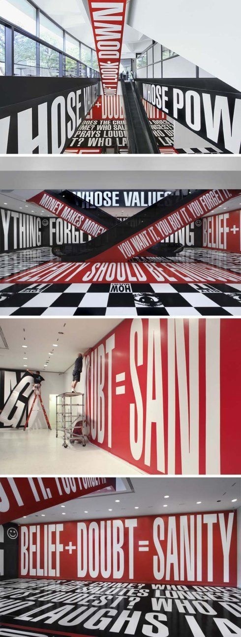 Barbara Kruger, Typography Installation, Hirshhorn Museum lower lobby and escalator, Belief and Doubt #lobby #installation #museum #hirshhorn #kruger #barbara #belief #escalator #doubt #lower #typography